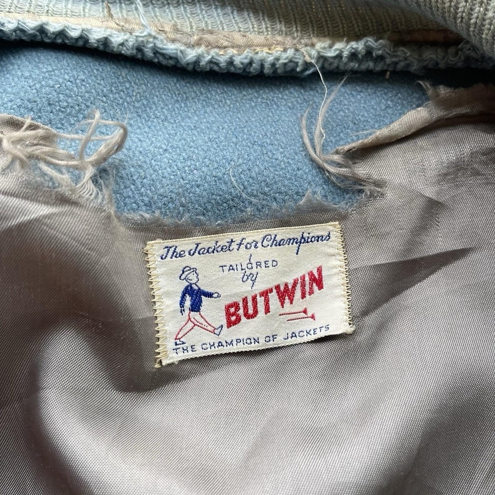 Vintage 60s Butwin Varsity Jacket Mens XL White Baby Blue Wool Leather Bomber - Picture 3 of 9